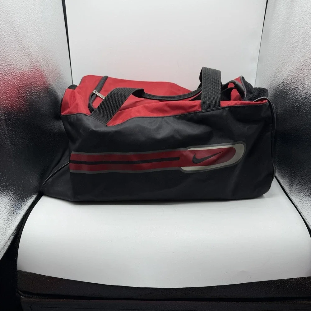 Rare Vintage 90s NIKE Duffle Bag Red Black Spellout Swoosh Retro Gym Travel
